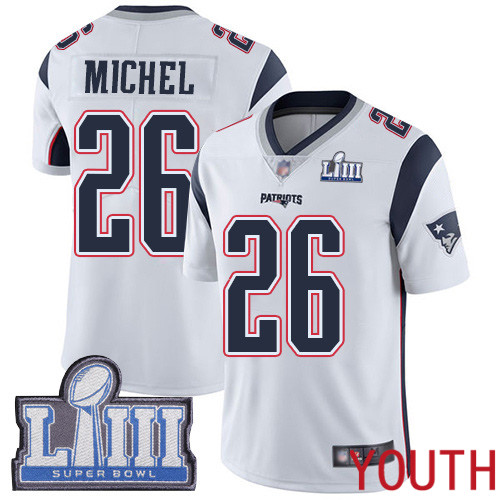 New England Patriots Football 26 Super Bowl LIII Bound Limited White Youth Sony Michel Road NFL Jersey
